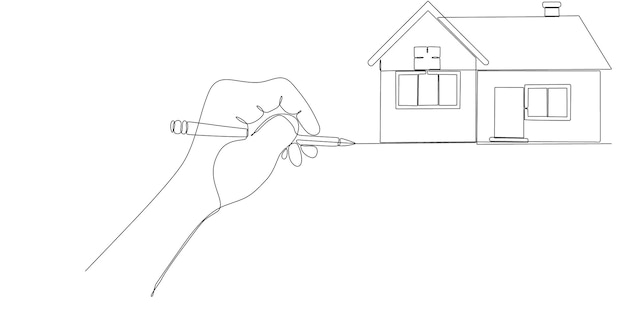 continuous line drawing hand and pen drawing house