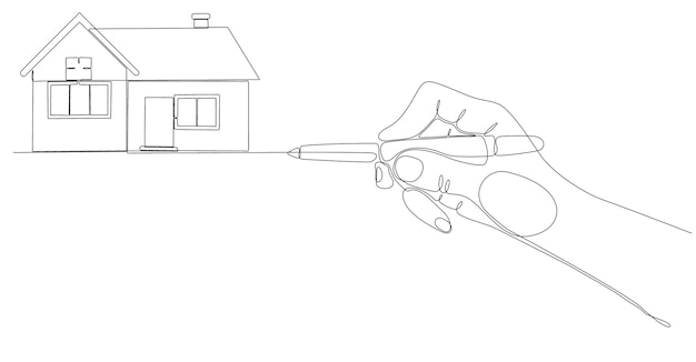 continuous line drawing hand and pen drawing house