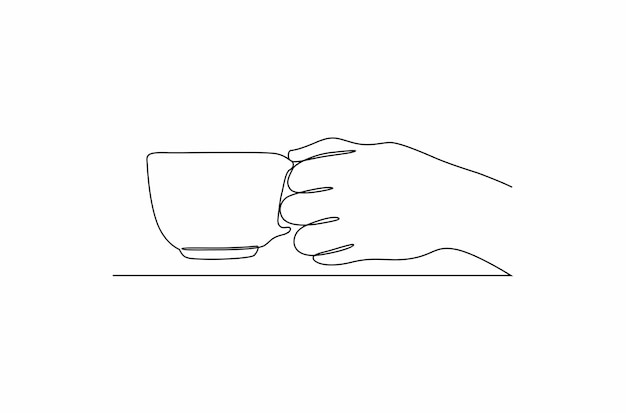 Continuous line drawing a hand with holding white cup vector illustration Premium Vector