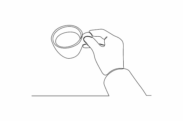 Continuous line drawing a hand with holding white cup vector illustration Premium Vector