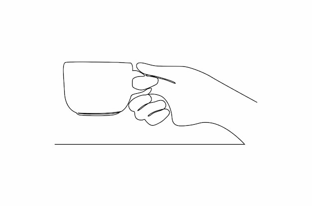 Continuous line drawing a hand with holding white cup vector illustration Premium Vector