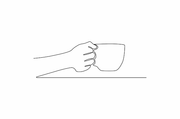 Continuous line drawing a hand with holding white cup vector illustration Premium Vector