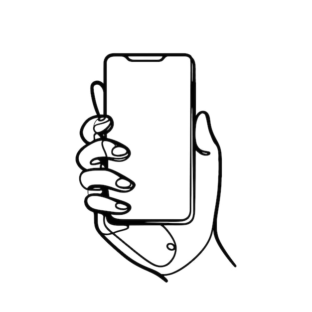 continuous line drawing of hand with phone vector illustration of a phone in a persons hand one line