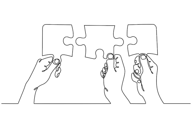 Continuous line drawing of hands combining two pieces of puzzle cooperation concept