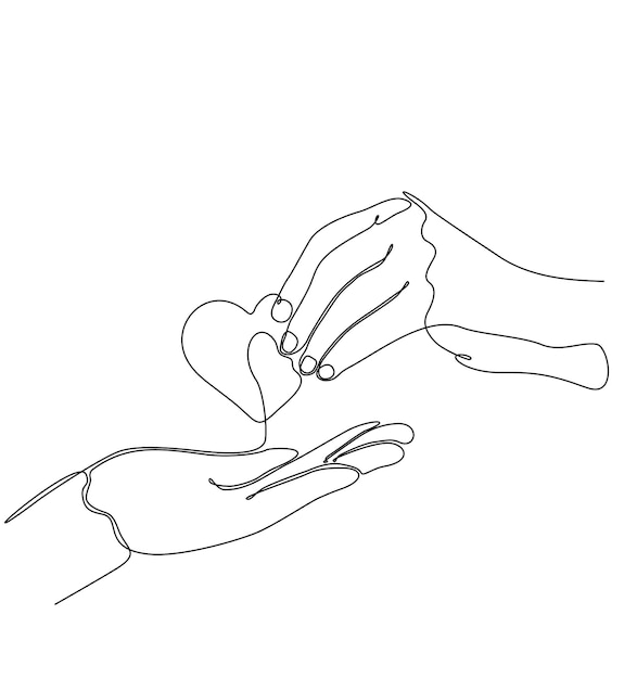 Continuous line drawing of hands giving hearts and receiving cute and sweet heart gifts