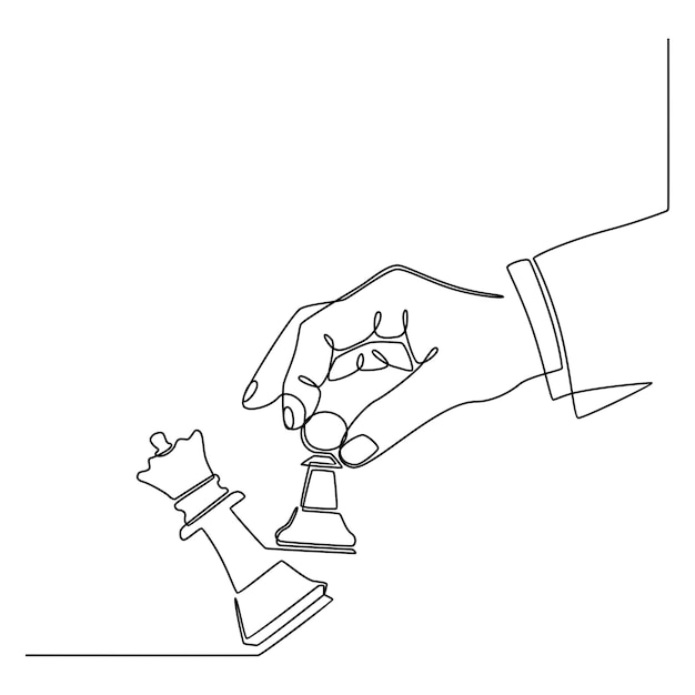 continuous line drawing of hands holding the figure of a chess piece and knocking out the queen