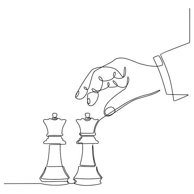 continuous line drawing of hands holding the figure of a chess piece and knocking out the queen