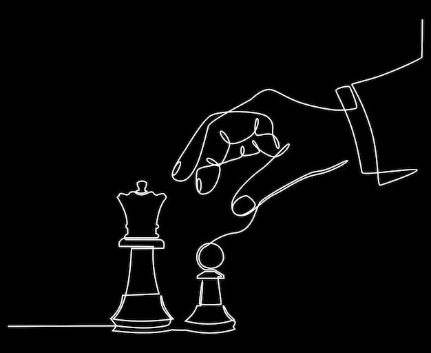 continuous line drawing of hands holding the figure of a chess piece and knocking out the queen