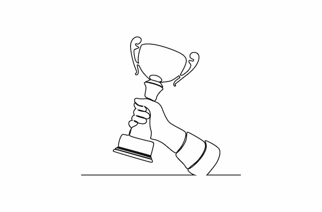 Continuous line drawing of hands lift the champion trophy Vector illustration Premium vector