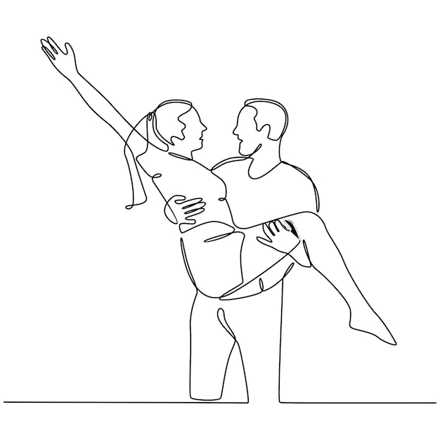 continuous line drawing happy couple celebrating success vector illustration