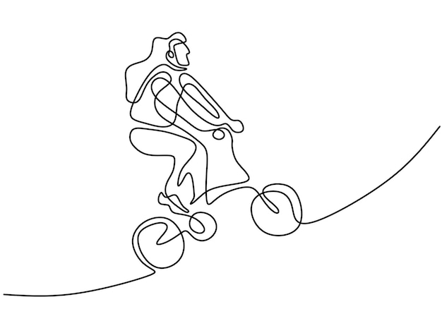 Continuous line drawing of happy woman cycling ride folded bicycle Young energetic girl riding bicycle on the street isolated on white background Healthy lifestyle concept Vector illustration