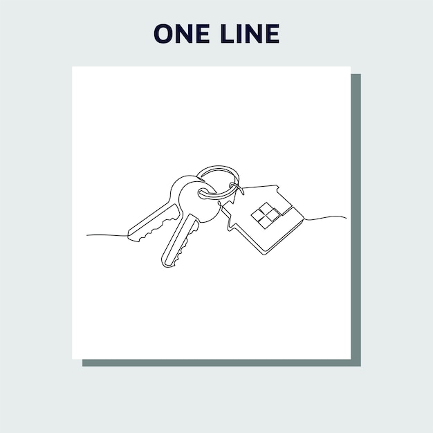 continuous line drawing of House keys with house shaped keychain