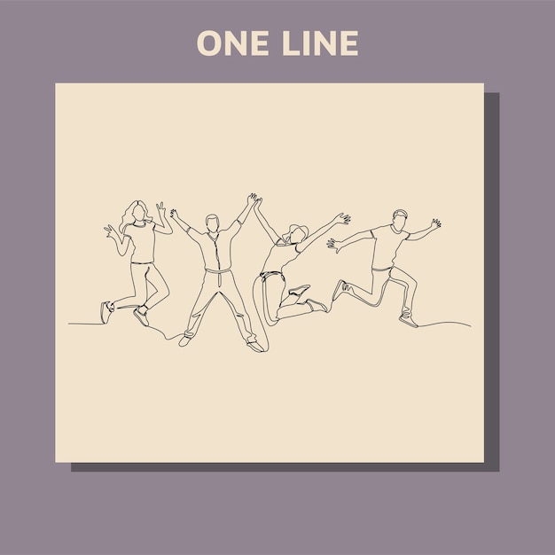 continuous line drawing of jumping happy team members.