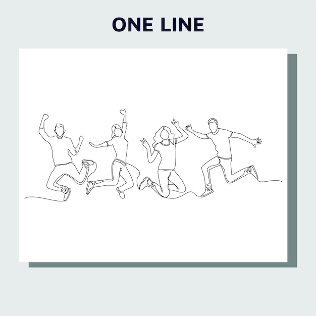 continuous line drawing of jumping happy team members.