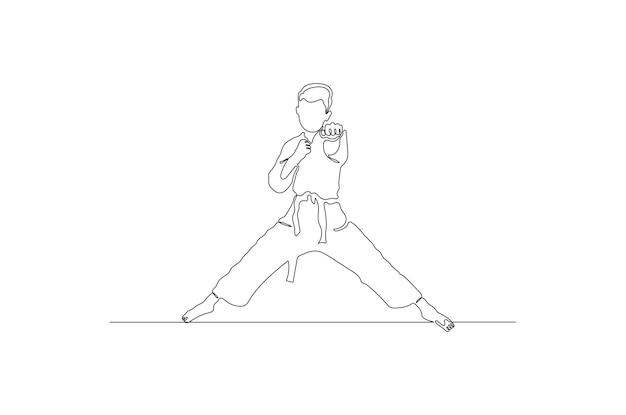 Continuous line drawing of a karate player isolated on a white background illustration Premium vecto