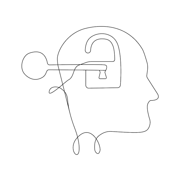 Continuous line drawing, key opens the lock in the head, concept of business ideas, unleash your potential, vector illustration.