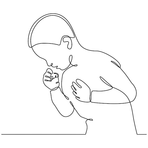 continuous line drawing of little boy coughing vector illustration