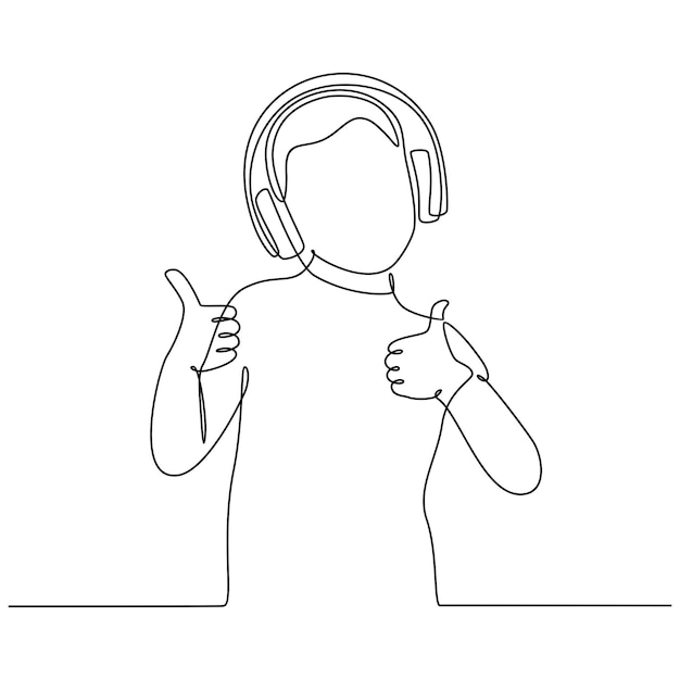 continuous line drawing of little boy listening to music with headphones vector illustration