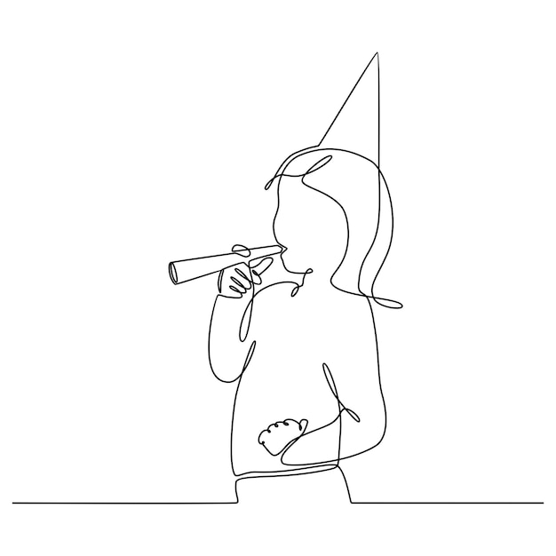 continuous line drawing of little girl in birthday hat blowing whistle on white background vector