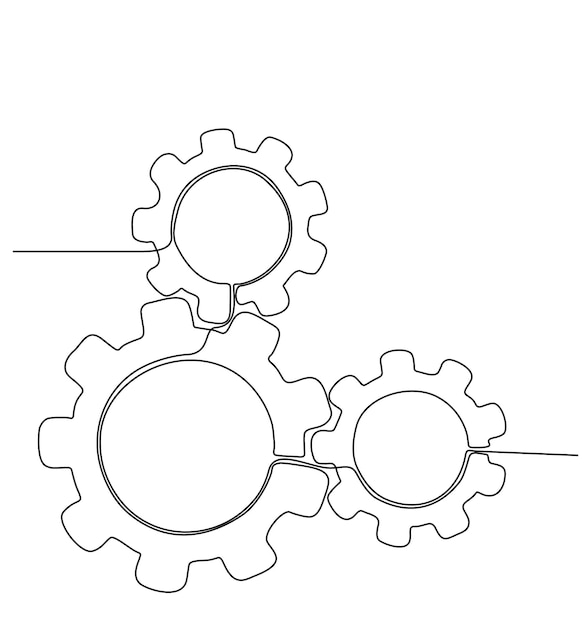 Continuous line drawing of machine gears Gear vector illustration with cogs on transparent