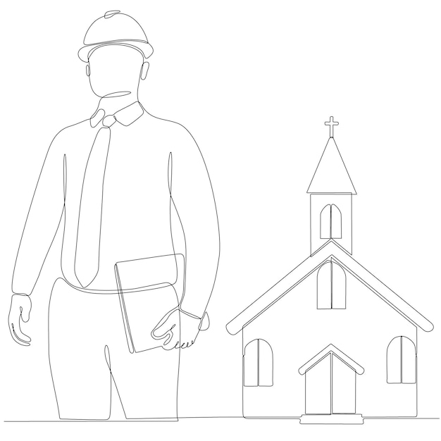 continuous line drawing of male architect building a church