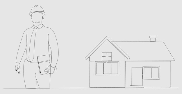 continuous line drawing male architect building a house