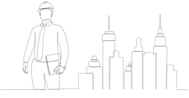 continuous line drawing male architect designing city