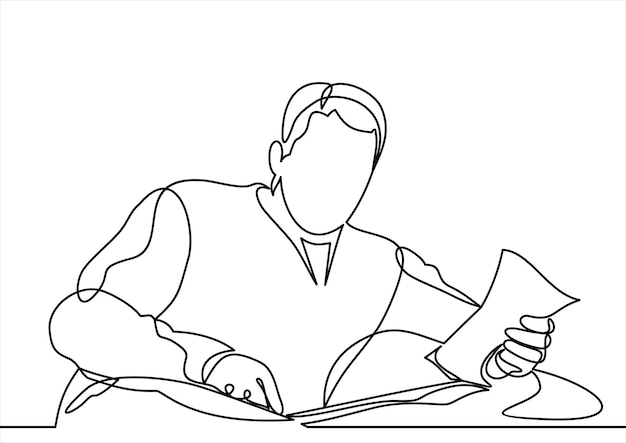 continuous line drawing of a male businessman reading a vector illustration