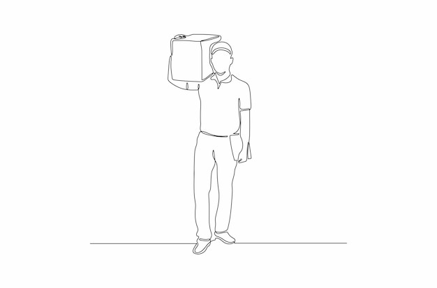 Continuous line drawing a male courier on her work illustration vector Premium Vector