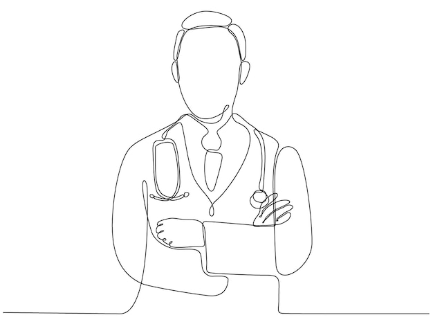 Continuous line drawing of male doctor with premium stethoscope vector