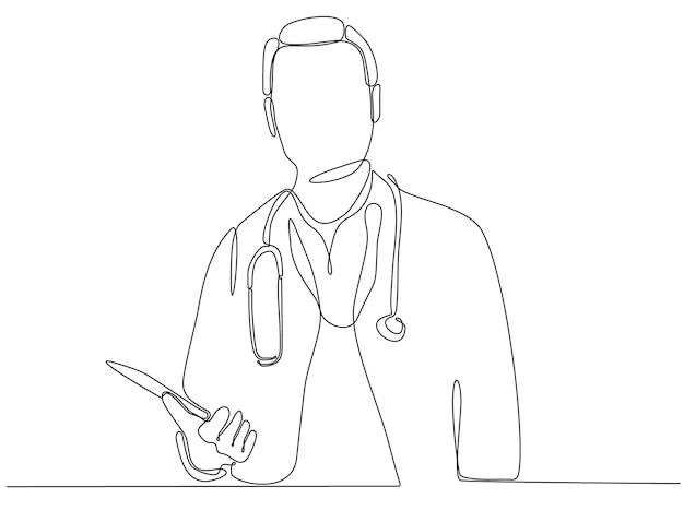 Continuous line drawing of male doctor with premium stethoscope vector