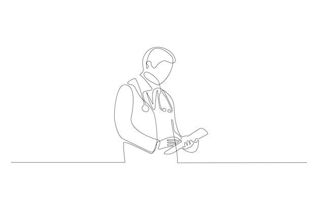 Continuous line drawing of a male doctor on work suit vector illustration Premium Vector