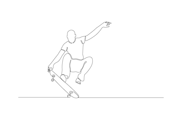 Continuous line drawing of a male play some skill of skateboard vector illustration Premium vector