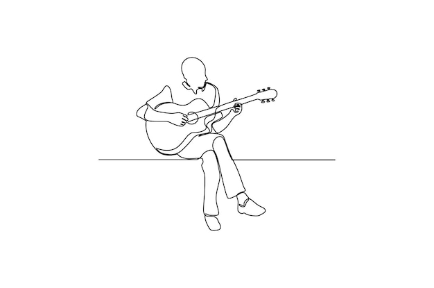 Continuous line drawing of a male playing a song with the guitar vector illustration Premium Vector