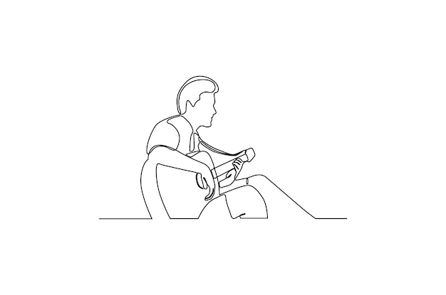 Continuous line drawing of a male playing a song with the guitar vector illustration Premium Vector