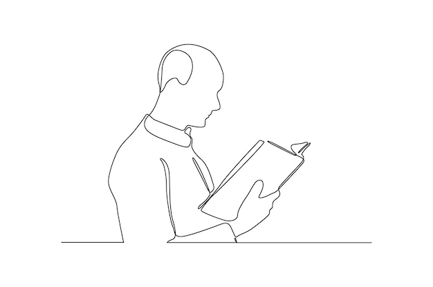 Continuous line drawing of a male reading the book seriously vector illustration Premium vector