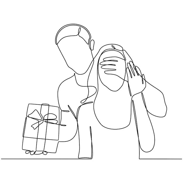 continuous line drawing of a man holding a gift box for his hidden lover vector illustration