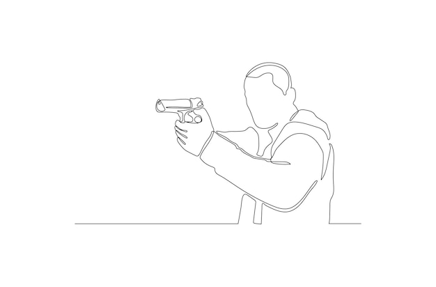 Continuous line drawing of a man holding a guns vector illustration Premium vector