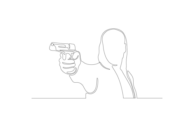 Continuous line drawing of a man holding a guns vector illustration Premium vector