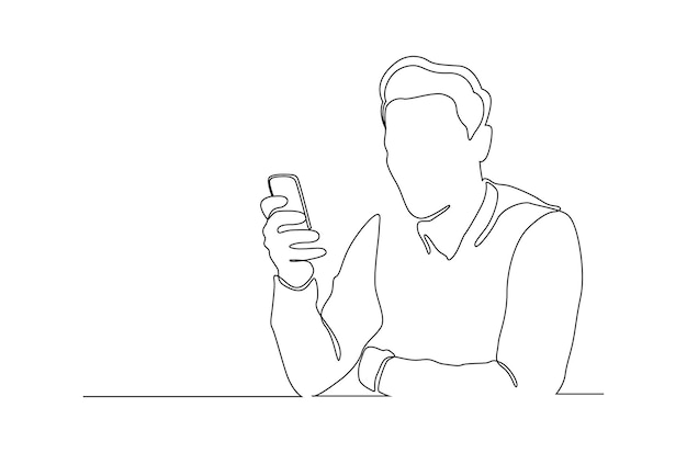 Continuous line drawing of a man looking mobile phone vector illustration Premium Vector