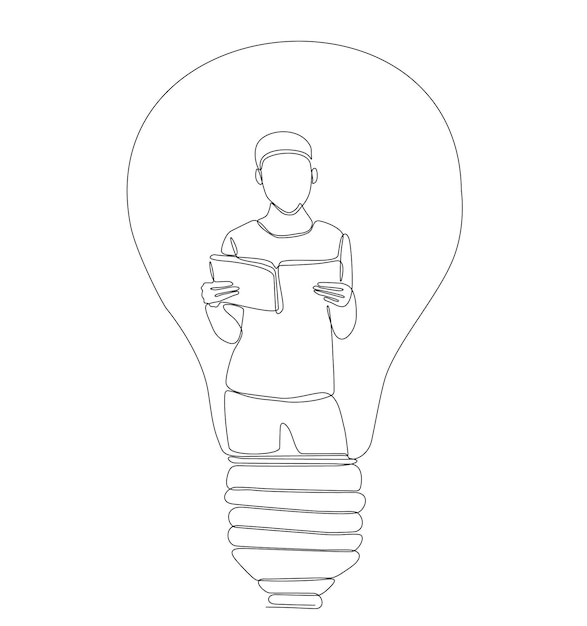 continuous line drawing of man reading book inside lamp