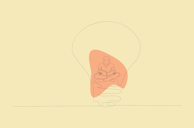 continuous line drawing man reading a book in the lamp