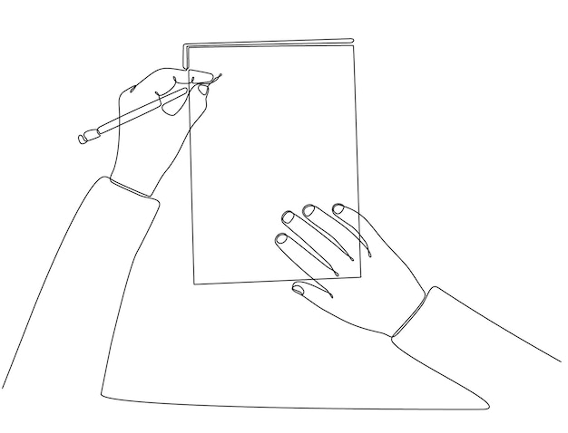 continuous line drawing of a man's hand writing something in a premium book vector