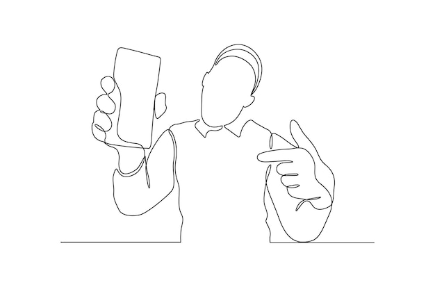 Continuous line drawing of a man showing mobile phone vector illustration Premium Vector