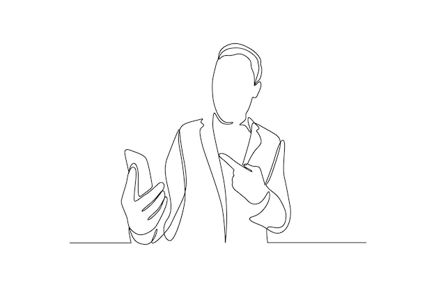 Continuous line drawing of a man showing mobile phone vector illustration Premium Vector