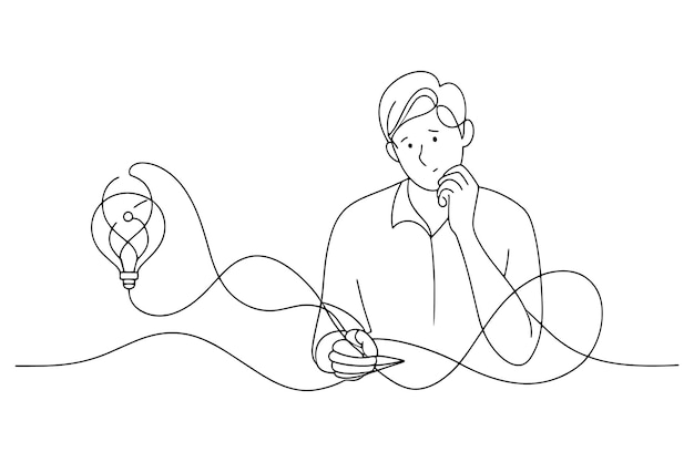 Vector continuous line drawing of a man with a light bulb symbolizing man thinking