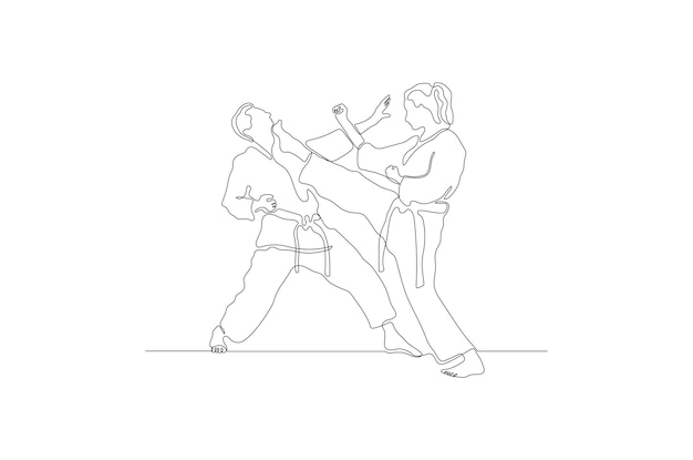 Continuous line drawing of a man and woman doing a karate duel illustration vector Premium vector