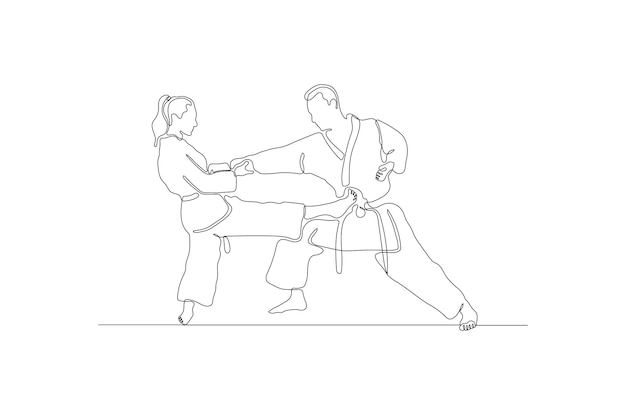 Continuous line drawing of a man and woman doing a karate duel illustration vector Premium vector