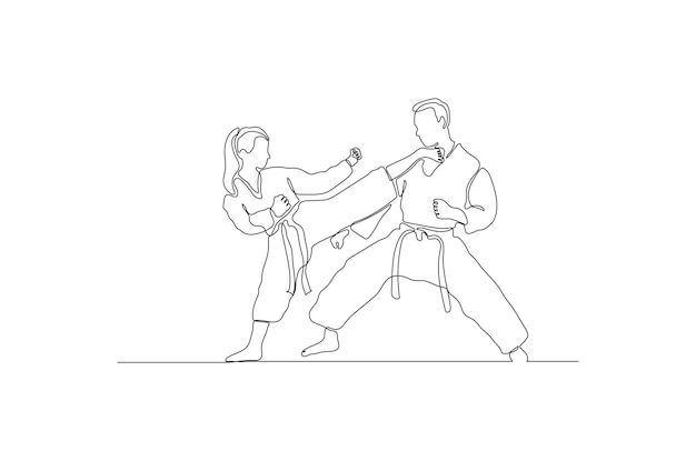 Continuous line drawing of a man and woman doing a karate duel illustration vector Premium vector