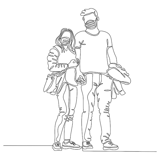 continuous line drawing of man and woman wearing masks vector